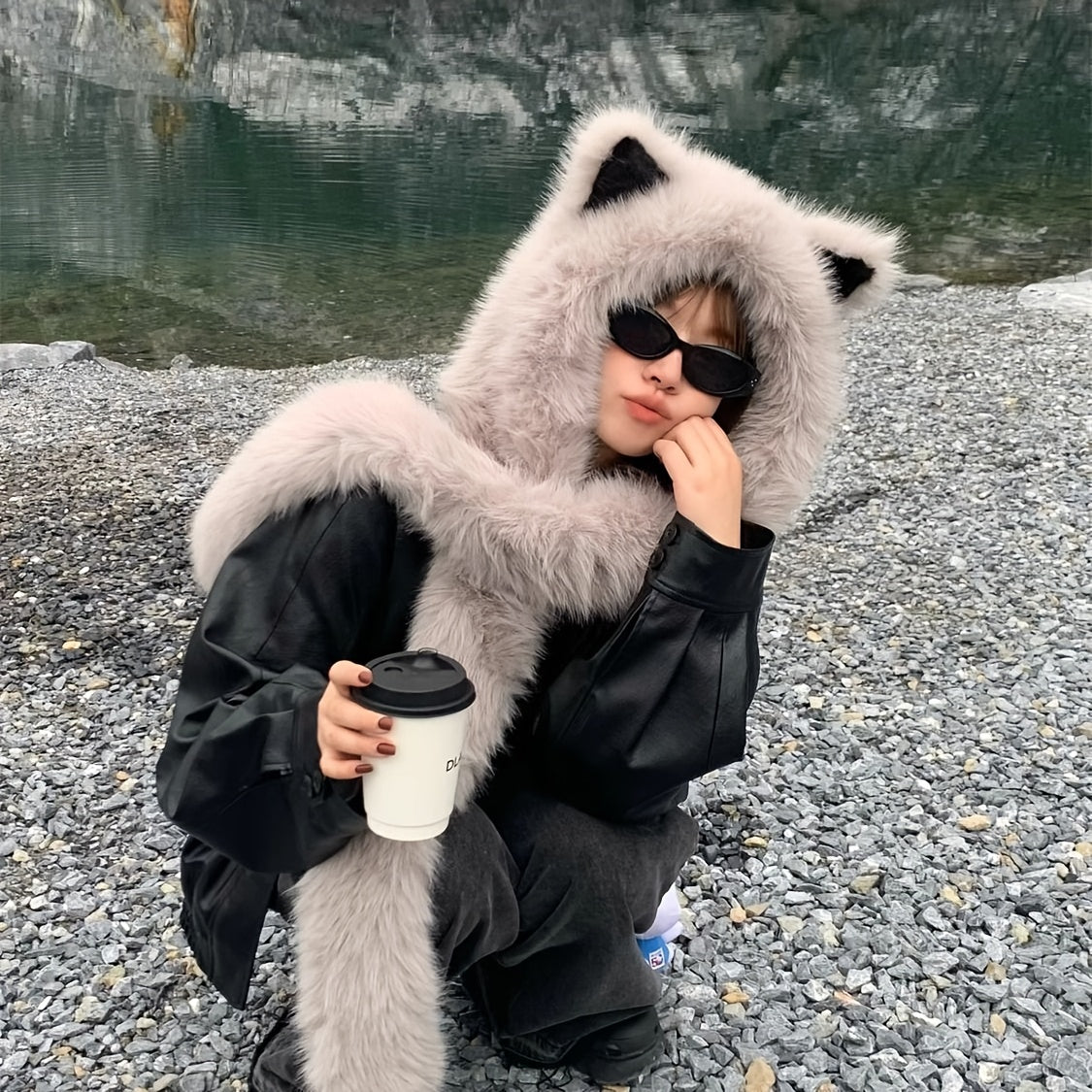 A Soft Polyester Faux Fur Cat Ear Hat with an Integrated Scarf