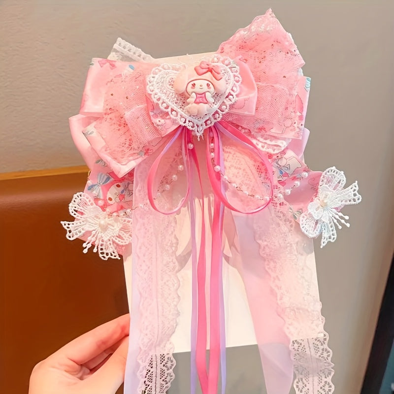 Sanrio Authorized 1pc Bowknot Hairpin 3D Butterfly Cat Ear Hair Clip Melody Hairpin Long Ribbon Princess Headwear Accessory - Suitable for Birthday Gifts, Party Gifts Daily Travel