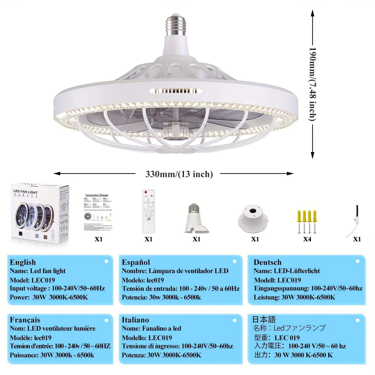 1pc 13" Modern Ceiling Fan With Lights And Remote Control, E26/E27 Base Easy Install Socket Fan Light, 3 Speed Wind Adjustment, 3 Colors 3000-6500k Dimmable Led Light for Bedroom, Kitchen, Living Room, Storage Room, Garage, B