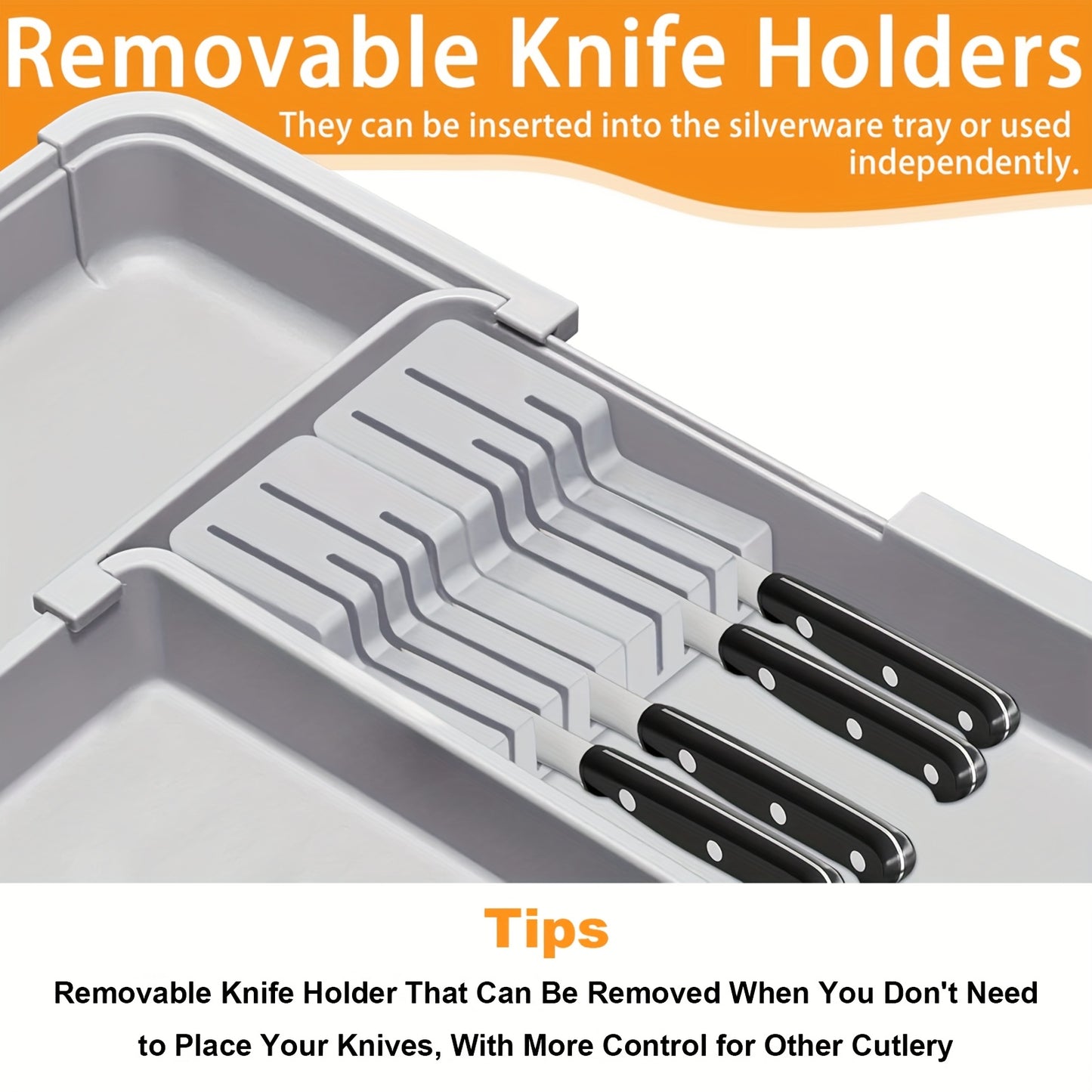 THELiFE Kitchen Cutlery Drawer Organizer, Expandable Cutlery Drawer Organizer with 2 Knife Holders, Cutlery Holder, Adjustable Plastic Spoon Fork Knife Organizer, Large, Gray
