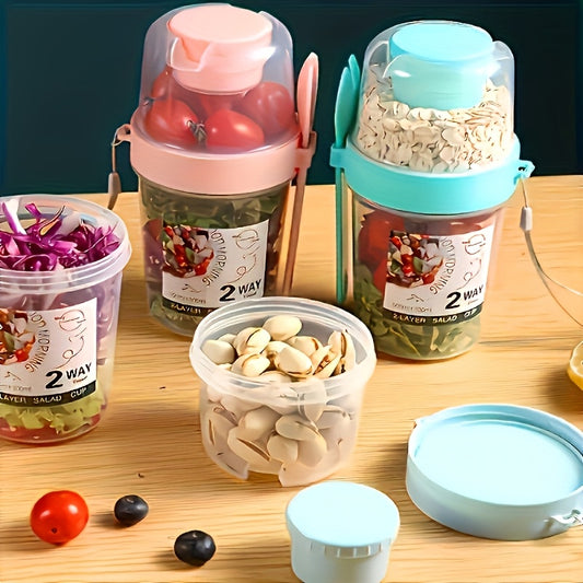 Salad Container to Go, Cereal Cup to Go, Lunch Accessories - Two-in-one Portable Salad Cup Container Set, with Dressing Rack and Fork, BPA-free Plastic, Hand Wash, Lightweight Rectangular Water Bottle Set, for Yogurt, Cereal,