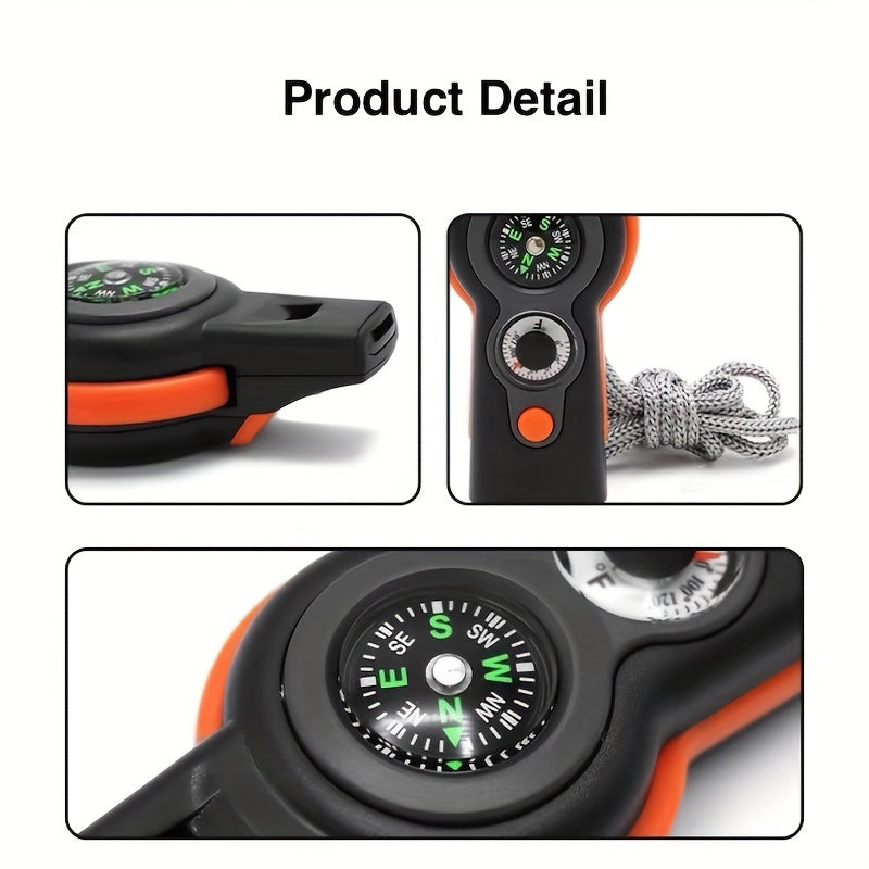 7-in-1 Survival Whistle with Compass, Magnifying Glass, Thermometer, and Emergency Functionality – Durable ABS Material, Black & Orange Design, Perfect for Outdoor Adventures