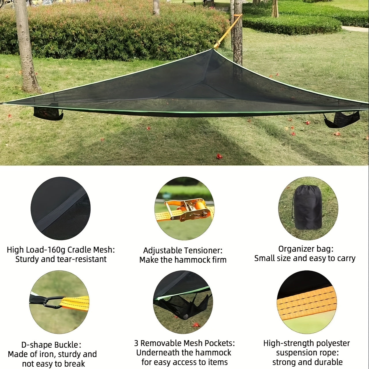 1pc Triangle hammockTriangle camping hammock for 2-3 people, tree hammock with 3 mesh bags, portable for outdoor trips