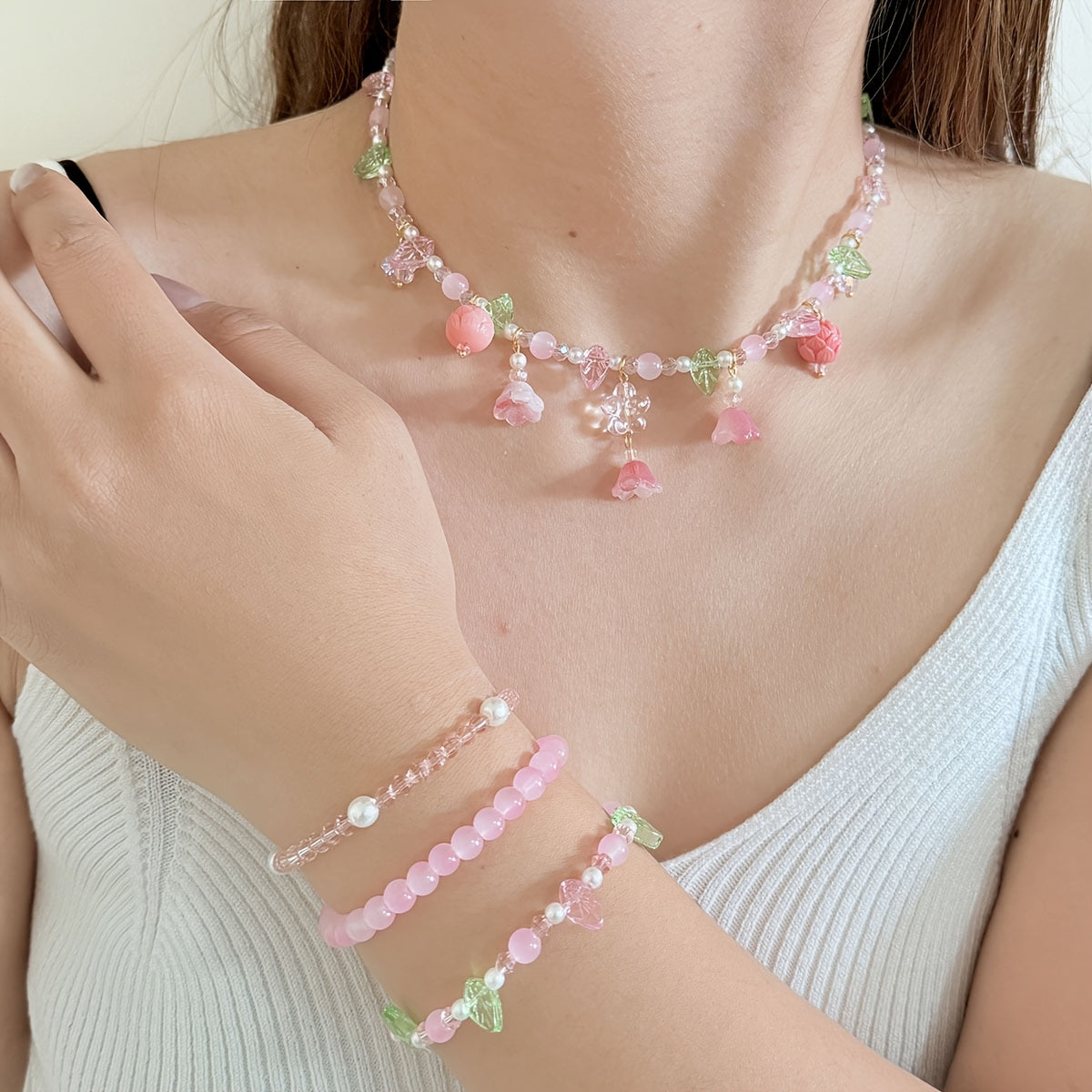 1 Set Bohemian Handcrafted Beaded Jewelry, Pink Floral & Leaf Design, Elegant Necklace and Bracelet Combo for Women, Perfect for Daily Wear & Special Occasions, Ideal Valentine's Day Gift