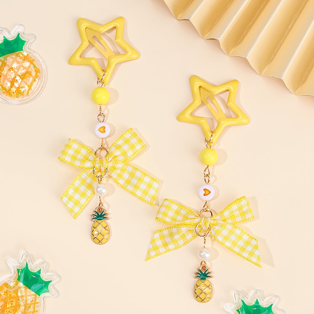 2pcs Kawaii Star Shaped Snap Hair Clips | Polyester Material, Long Tails, Tartan Bow, Cute Strawberry Decor, Fruit Themed Hair Bow Accessories for Teens, Casual Daily Wear, Novelty Hair Accessories, Playfu