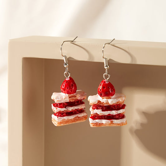 Adorable Strawberry Cake Slice Dangle Earrings - Quirky Cartoon Design, Alloy & Resin, Perfect for Daily Wear, Cute and Simple Style for Students and Fun Food Enthusiasts, Strawberry Themed Items