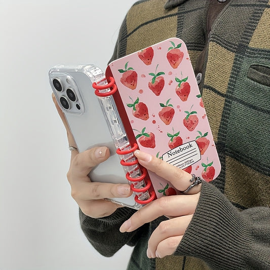 TPU Material New Book Flip Style Pink Background Strawberry Print Mobile Phone Case Suitable for Apple Series 11, 12, 13, 14, 15, 16pro mox Samsung Series 23, 24UItra