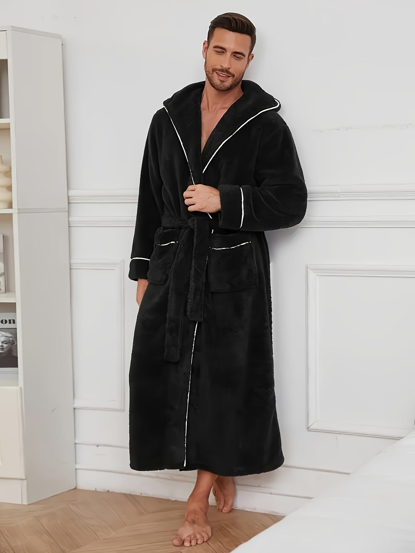 Luxurious Men's Black Fleece Bathrobe with Colour-Block Design. - Soft, Comfortable Long Sleeve Hooded Robe with Belt Detail, Machine Washable.
