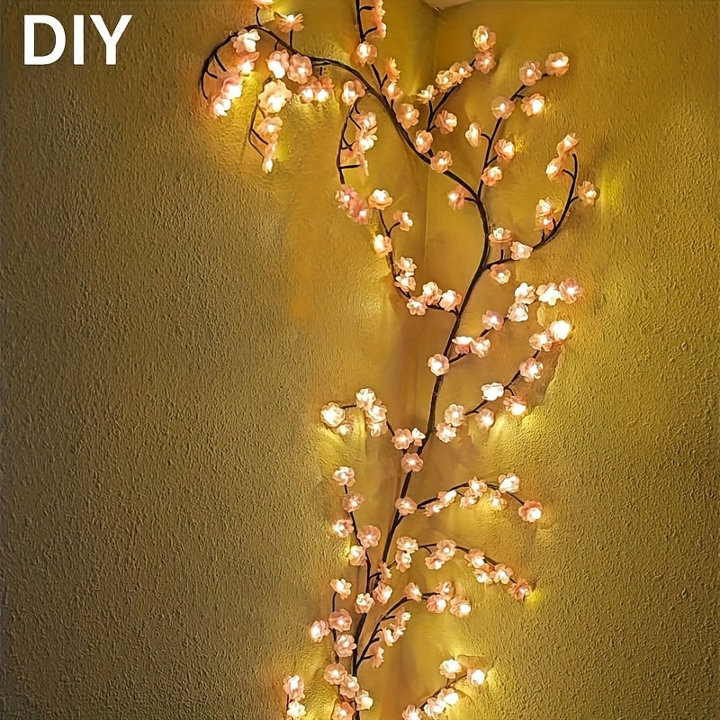 1pc Kinpho Cherry Blossom LED Branch Lights, 72/96/144 LEDs, Flexible and Bendable Sakura Vine String Lights, 8 Flashing Modes, USB Powered, DIY for Indoor Atmosphere Decoration, Ideal for Bedroom, Living Room, Wall, Party, H