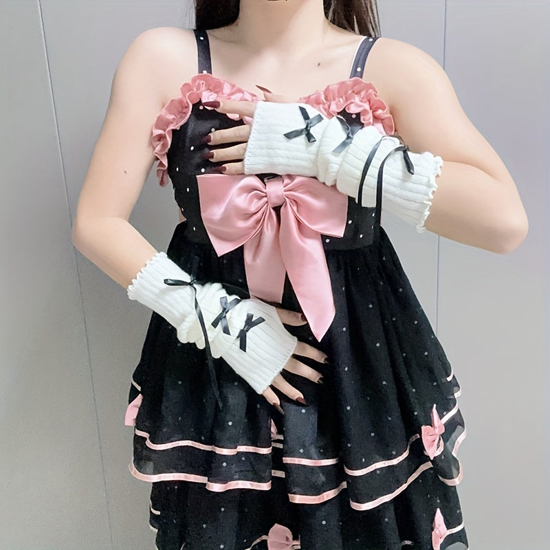 [Y2K Chic Gloves] Pink Bow Y2K Chic Fingerless Gloves - Sweet Style JK Fashion Accessories with Ruffles