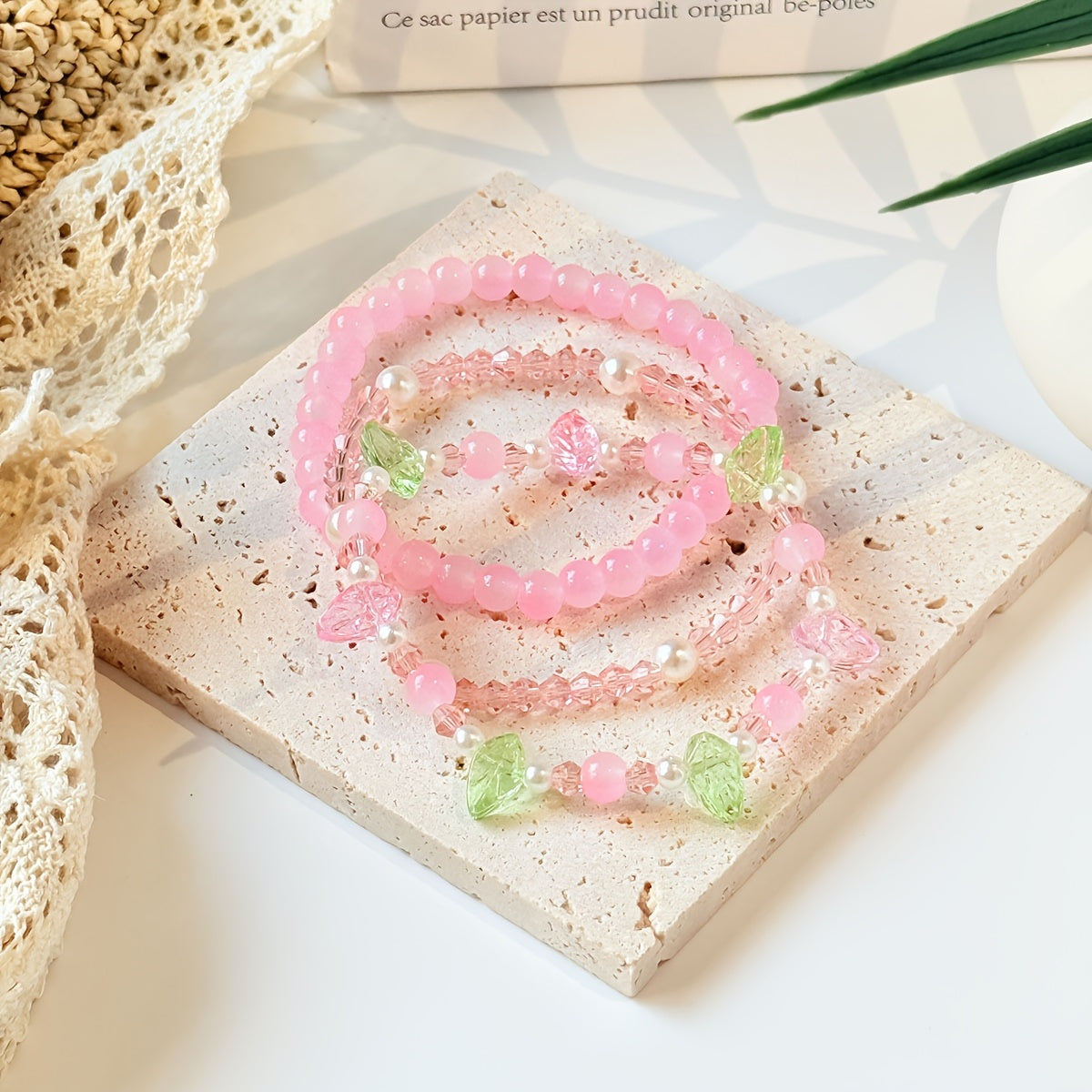 1 Set Bohemian Handcrafted Beaded Jewelry, Pink Floral & Leaf Design, Elegant Necklace and Bracelet Combo for Women, Perfect for Daily Wear & Special Occasions, Ideal Valentine's Day Gift