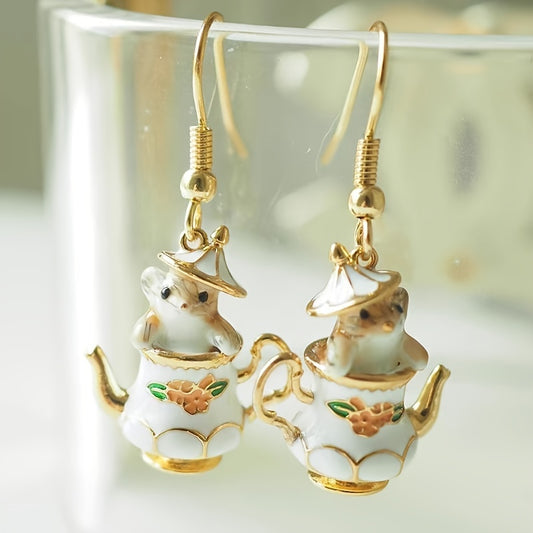 Pair of Whimsical Teapot & Mouse Enamel Dangle Earrings - Elegant Vintage-Inspired Zinc Alloy, Golden-Tone Finish for Casual Attire, Quirky Earrings