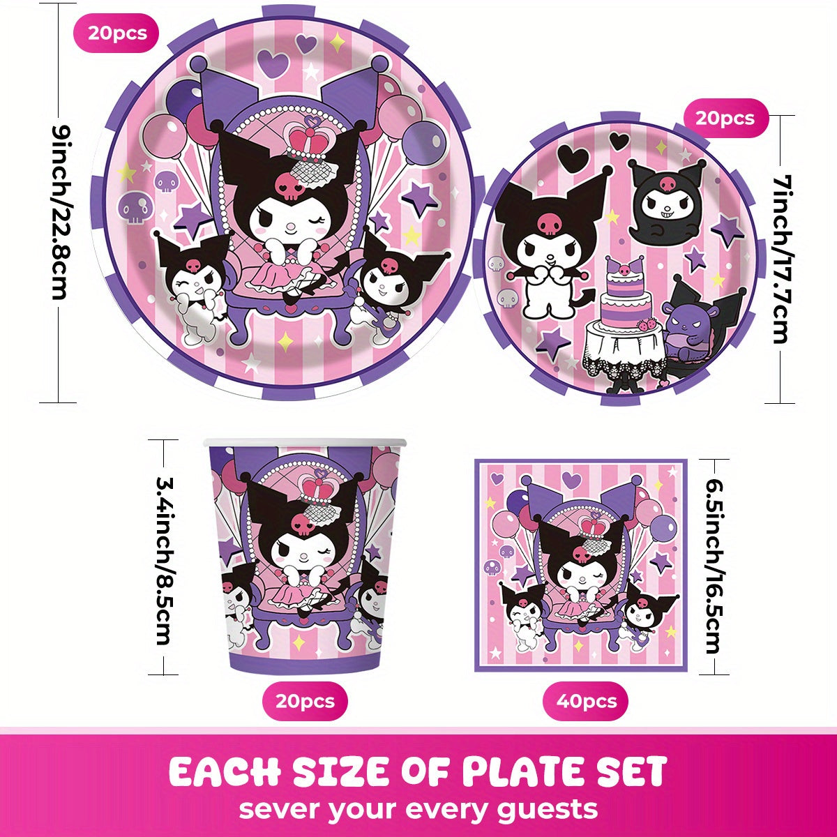 100pcs Kuromi Disposables Cutlery Sets Includes 20 Dinner Plates 20 Dessert Plates 20 Cups & 40 Paper Napkins, Disposable Party Dinnerware Set for Camping, Picnics, Yard BBQ, Party Supplies Set for Wedding Birthday Party