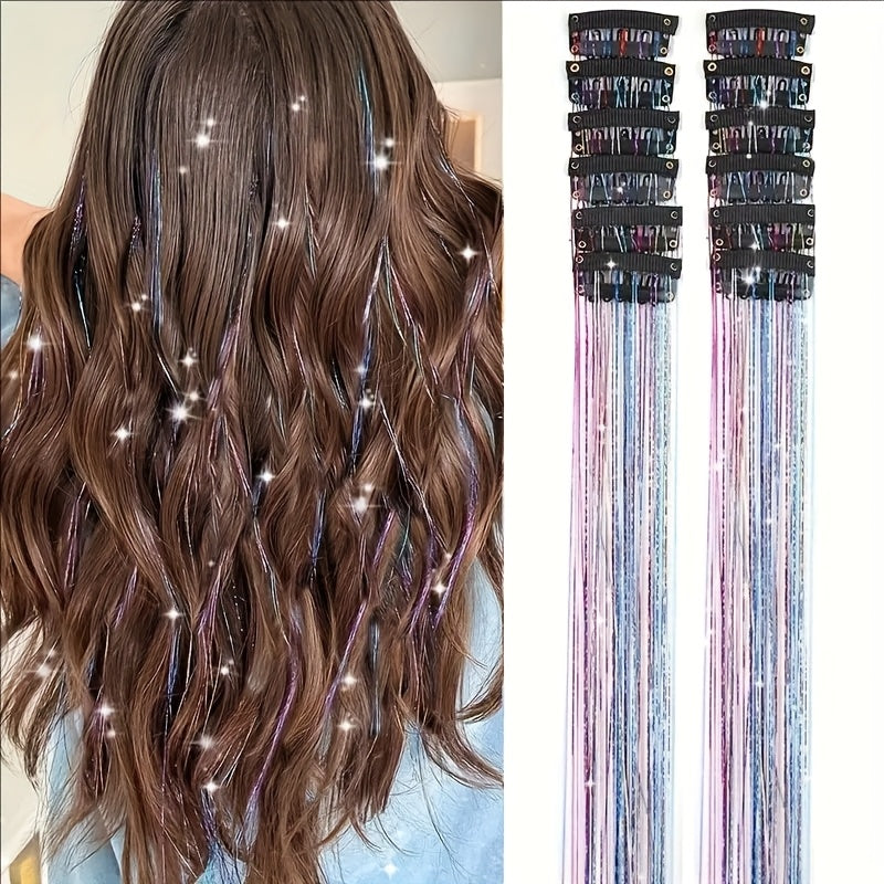 12-Pack Unisex-Adult Metallic Tinsel Hair Tinsel Extensions, No Trace Clip-In Colorful Strands, Heat Resistant Shiny Glitter Sequins for Party Cosplay Festive Role Play