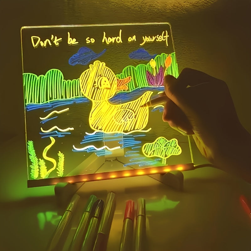 [1pc Luminous LED Drawing Board] 1pc Luminous Drawing Board, Creative Design Transparent Acrylic LED Light Panel, USB Powered Erasable Graffiti Board with 7 Color Markers, Desktop Memo Pad with Stand, Ideal for Home, Office D