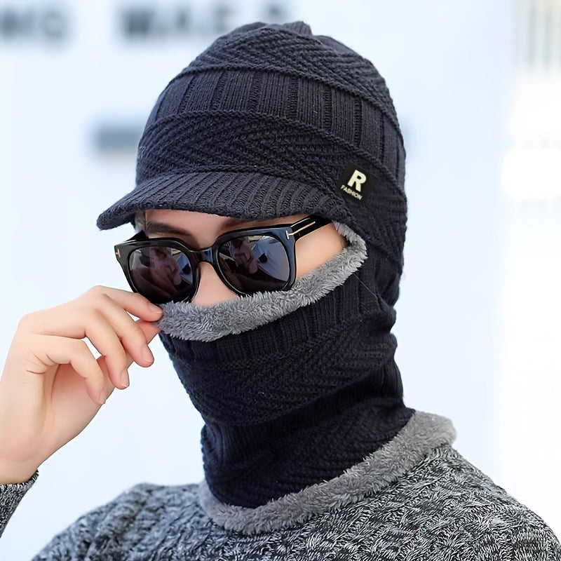 Men's Winter Beanie Hat with Integrated Neck Warmer and Fleece Lining