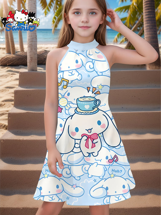 Sanrio Girls' Cute 3D Print Halter Dress - Hello Kitty, Kuromi & My Melody Cartoon Design, White with Blue Background, Sleeveless Summer Dress, Machine Washable, Perfect for Youngsters, Beach Playwear | Cartoon Print Dress |
