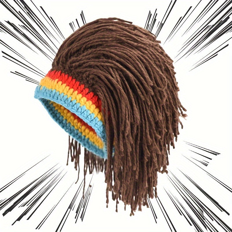 Men's Funky Knitted Beanie Hat with Attached Fake Hair -