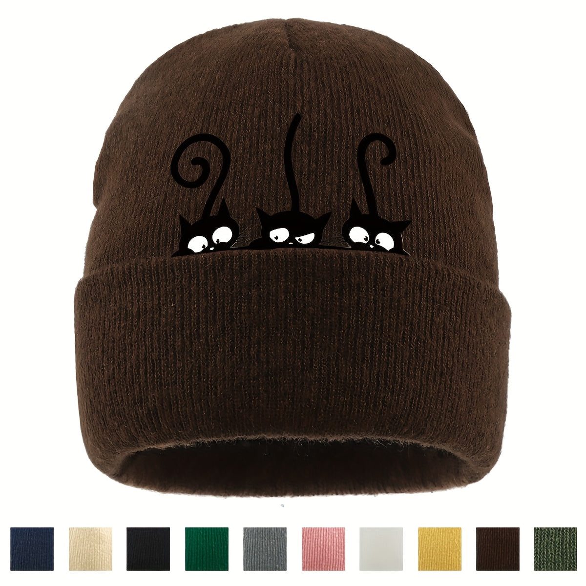 1pc Beanie Hat with Cute Black Cat Print