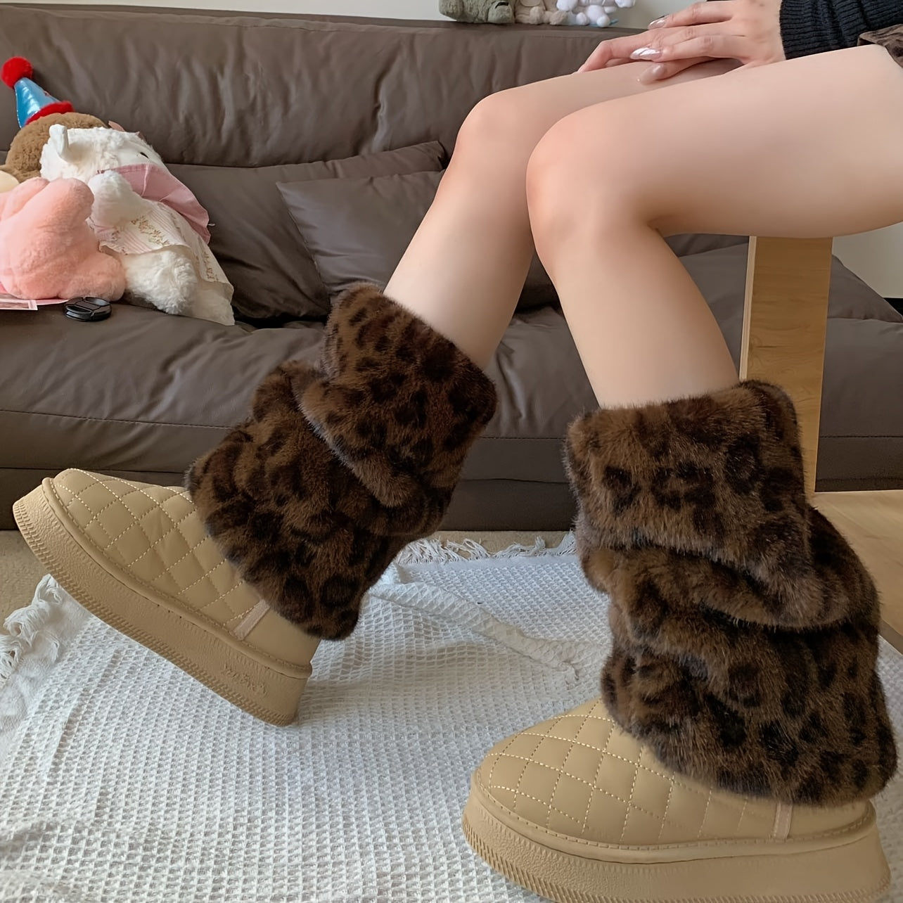 Women'S Plush Fleece-Lined Leopard Print Leg Warmers