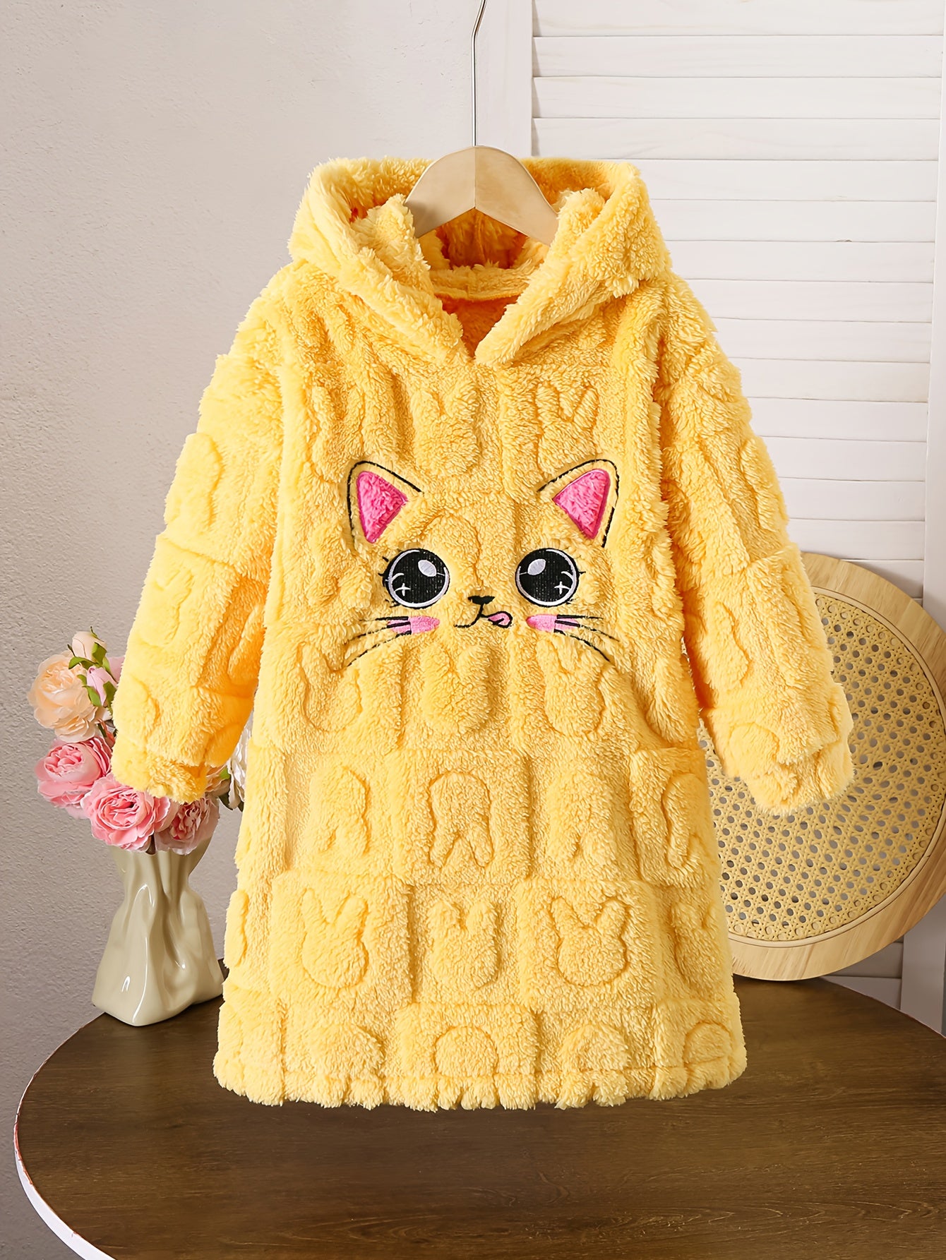Girls' Plush Rabbit Coat Dress with Fluffy Collar & Bow - Cozy Winter Warmth,.