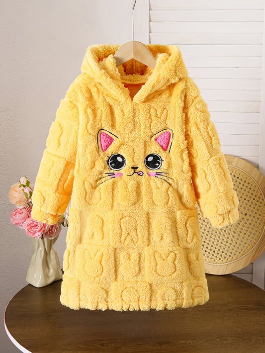 Girls' Plush Rabbit Coat Dress with Fluffy Collar & Bow - Cozy Winter Warmth,.