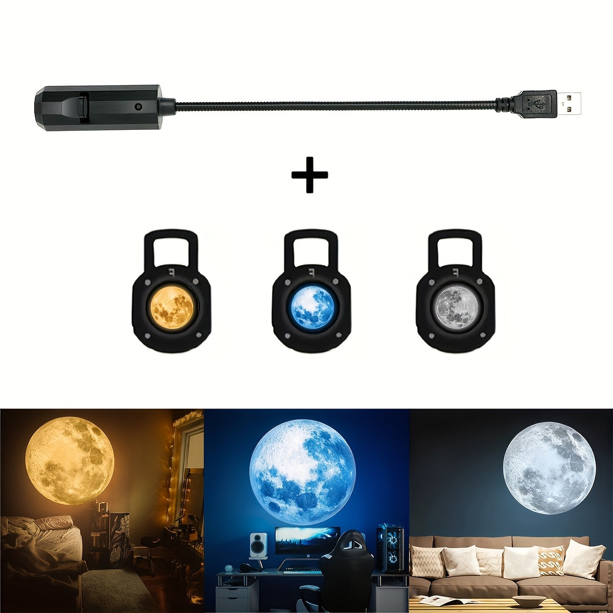 [Portable LED Light] 1pc Light + 3pcs Moon Light Plug | USB Interface, Portable LED Projection Light, 360° Rotatable USB Lamp, Bedroom Ceiling Photo Background, Proposal Wedding Decoration, Computer Accessories