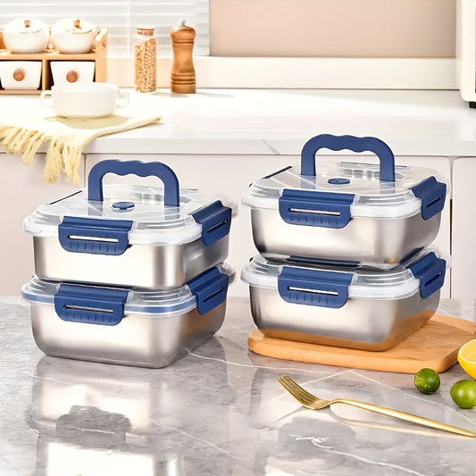 1/2/4pcs Stainless Steel Leakproof Food Storage Container with Blue Lid - Microwave Safe, Reusable, Ideal for Refrigerator & Bento Boxes, Kitchen Essentials, Universal Fit for Outdoor Cooking & Meal Prep