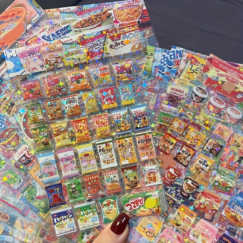10/20pcs Kawaii Anime Snack Packaging Stickers, Multicolor Glitter Finish, Pre-pasted PET Cartoon Decals for Phones, Plastic Surface Compatible, Irregular Shape, Single Use Embellishments for Diary & Stationery