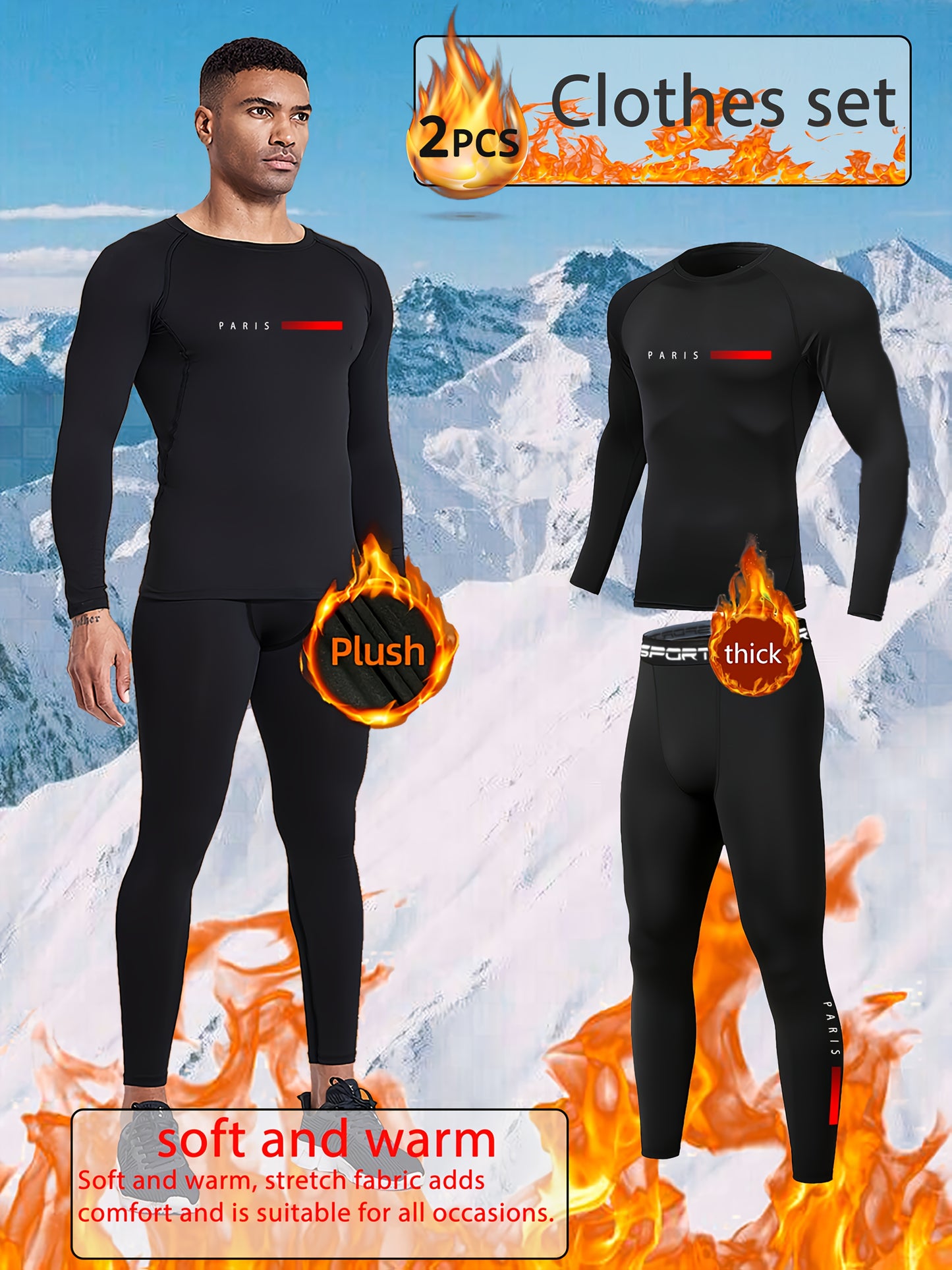 2pcs PARIS Logo Thermal Set, Mountain Climbing Fleece Base layer - Plush Thick & Soft, Heavy Plush Fleece. Thermal Wear.