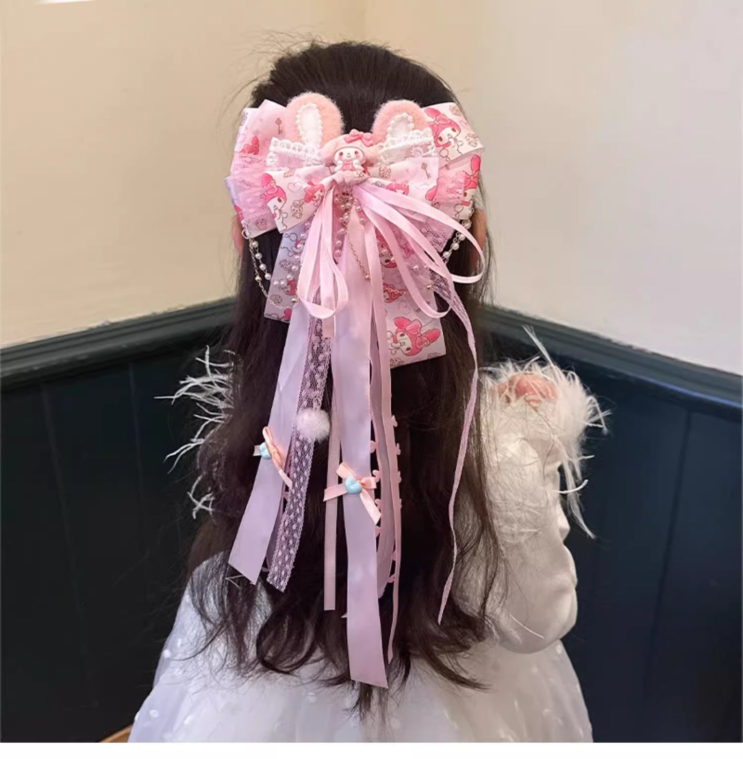 Sanrio Pink Bow Hair Clip with Long Ribbons, My Melody Princess Hair Accessory