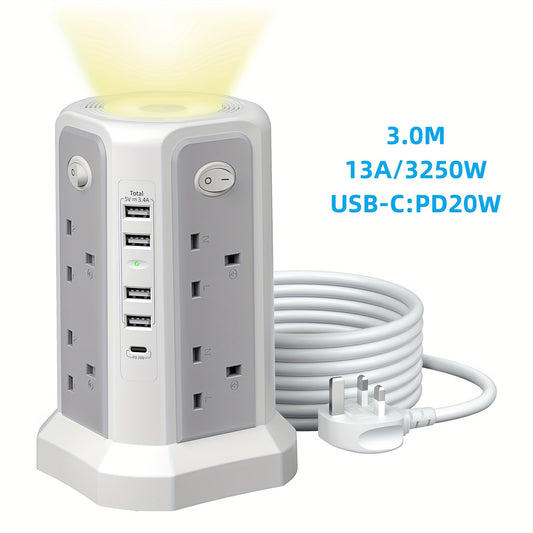 2-Story Tower Power Supply with 8 AC Sockets, 4 USB Ports, 1 USB-C PD20W Fast Charging, Individual Switch, Adjustable Night Light, Surge Protection, And for Home, Office, Studio, And Workshop Use