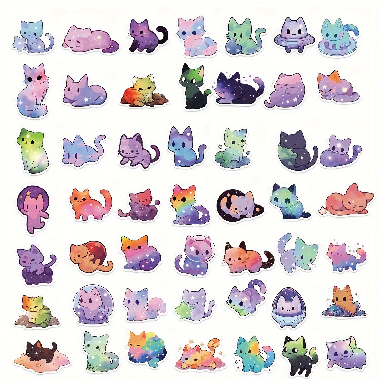 50pcs Vinyl Waterproof Colorful Starry Sky Cat Stickers for Scrapbook, Journaling, Laptop, Bumper, Skateboard, Water Bottles, Computer, Phone