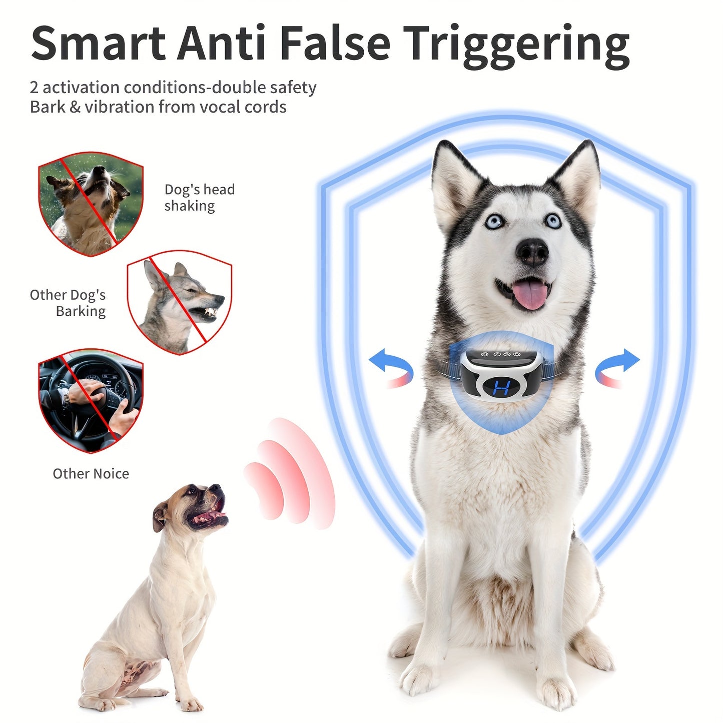 Dog Bark Collar - Rechargeable Smart Anti Barking Collar for Dogs - No Shock Bark Collar for Medium/Large Dogs - Anti Bark Collar for Dogs with 3 Sensitivity Levels