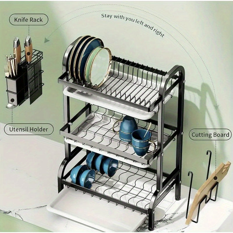 Cutlery Storage Rack, 3-Tier with Drainage, Knife, Knife Rack And Cutting Board Storage Stand, Multi-Functional Bowl And Dish Drainer, Suitable for Kitchen Countertop And Cabinet, Kitchen Organization And Storage.
