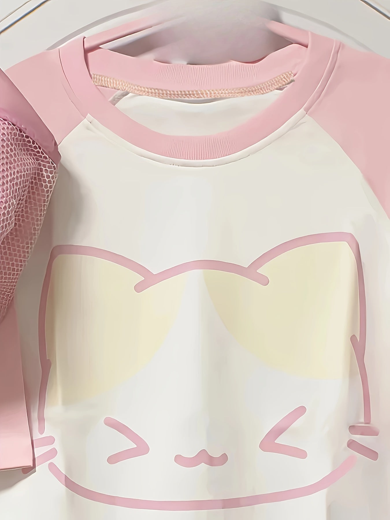 Pink & White 100% Polyester Crew Neck Short Sleeve - Adorable Y2K-Inspired Cat Print Blouse for Women - Casual Summer Fashion, Machine Washable