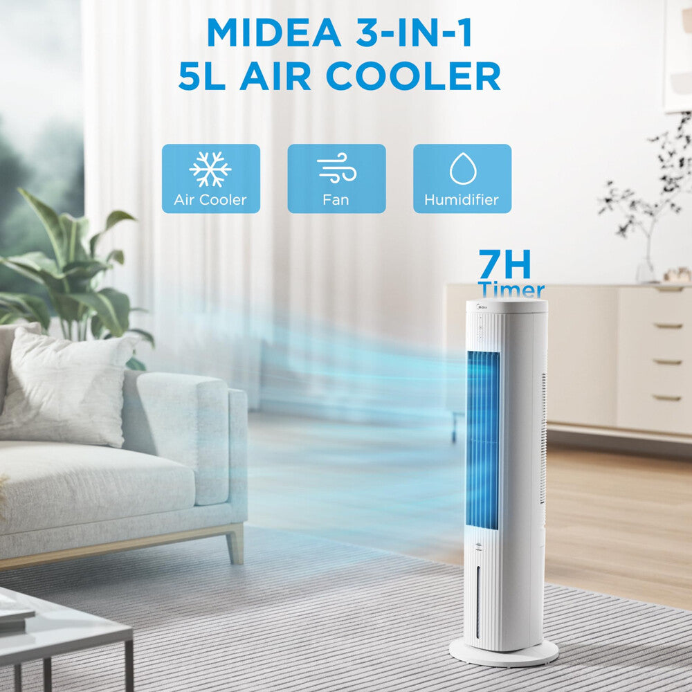 Midea 5L 3-in-1 Portable Air Cooler with Remote - 3 Wind Speeds, 75° Oscillating Function, 7-hour Timer, Whisper-quiet Operation. Doubles As A Humidifier for Enhanced Comfort, Great for Home, Office and Bedroom Use