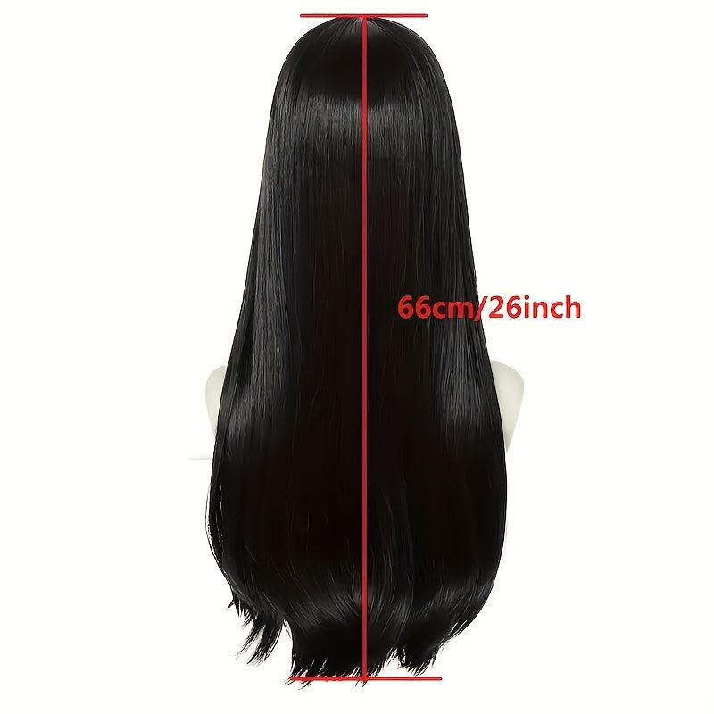 Anime Cosplay Wig 60cm, Unisex Black Long Straight Hair with Middle Part, Heat Resistant Synthetic Wig with Buckle Net Cap for Halloween, Christmas, Conventions and Parties