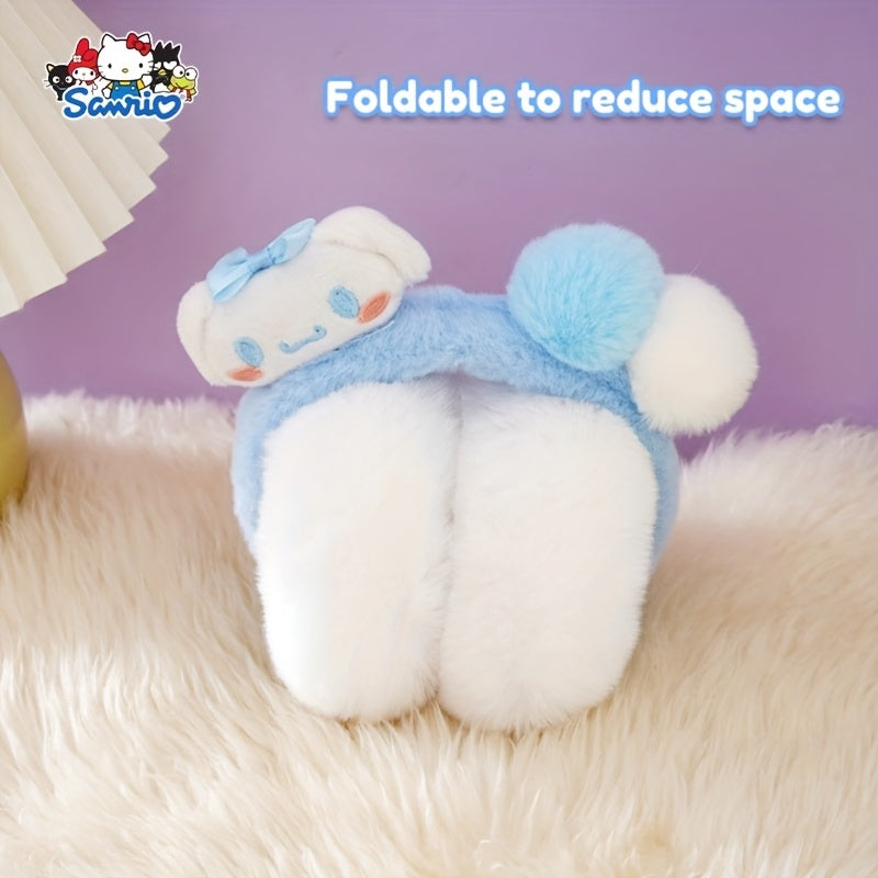 Sanrio Women's Plush Earmuffs - Soft Winter Ear Warmers with Kuromi, Yugui Dog, Vanilla Roll Designs - Pastel Purple/Black/, Lightweight Portable Folding for Commuting, Travel, Everyday - Sanrio Collectible Gift, Outdoor Wear