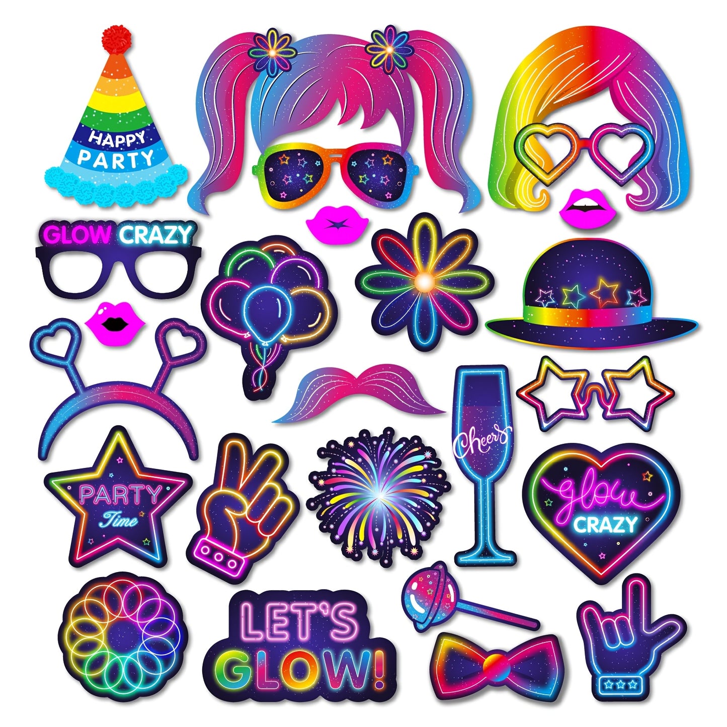 [25pcs Luminous Props] 25pcs Luminous Party Photo Booth Props | Vibrant Birthday Party Decorations, Carnival Party Decorations, Celebration Essentials, Paper Party Props