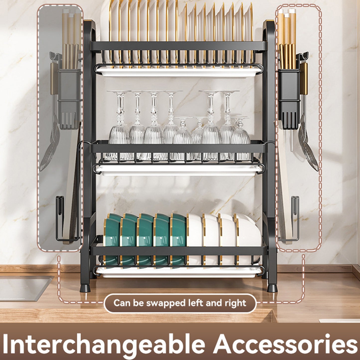 Cutlery Storage Rack, 3-Tier with Drainage, Knife, Knife Rack And Cutting Board Storage Stand, Multi-Functional Bowl And Dish Drainer, Suitable for Kitchen Countertop And Cabinet, Kitchen Organization And Storage.