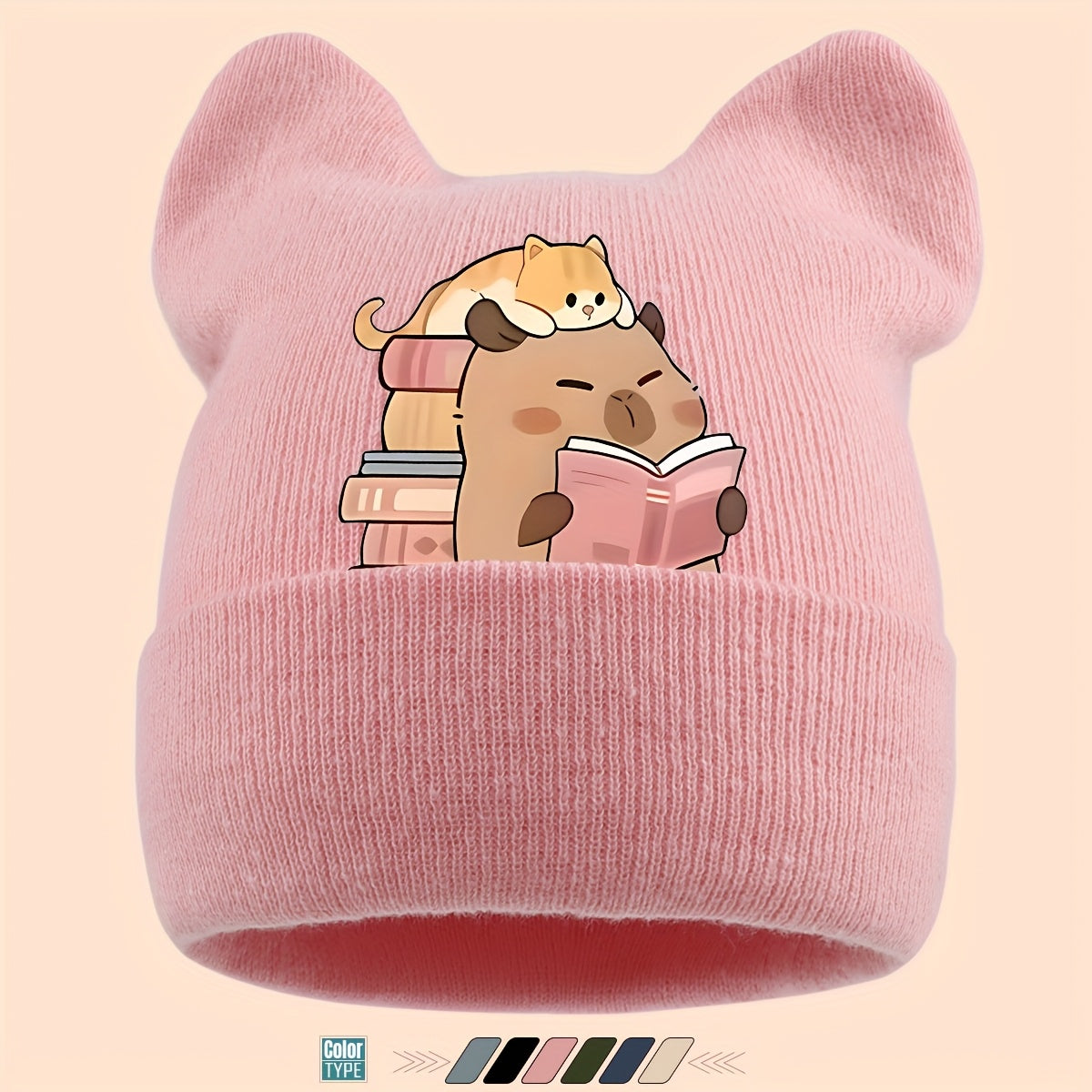 1pc Warm Soft Ear Beanie Hat with Cute Capybara Print