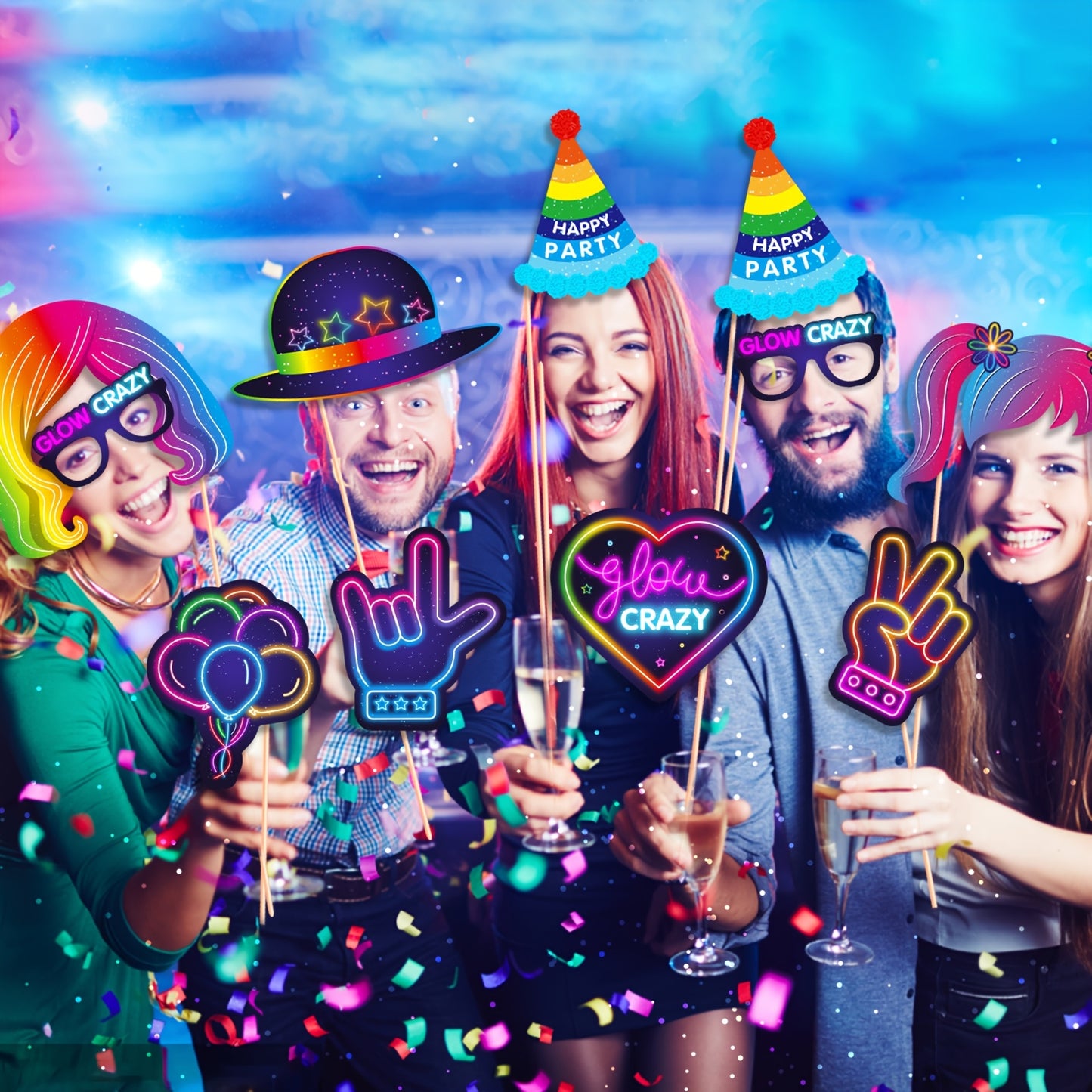 [25pcs Luminous Props] 25pcs Luminous Party Photo Booth Props | Vibrant Birthday Party Decorations, Carnival Party Decorations, Celebration Essentials, Paper Party Props