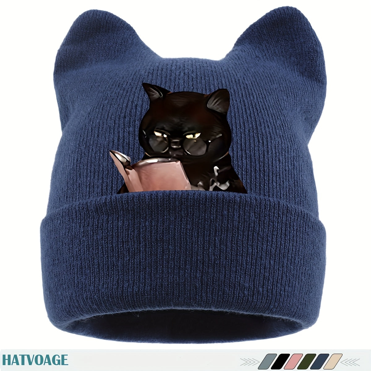 1pc Cute Black & White Cat Ear Beanie Hat with Book-Loving Siamese Cat Face
