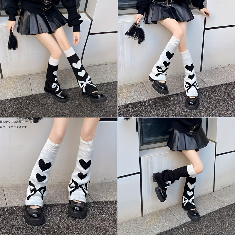 [Punk Knee Socks] Reversible Y2K Punk Gothic Knee High Socks | Lolita Style Heart Pattern, Warm Acrylic Knit Fabric, Women's Autumn Winter Knee Warmers, 90% Acrylic 10% Polyester
