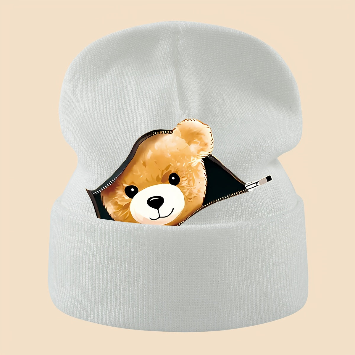 1pc Warm Skull with Zipper Bear Print, Unisex Loose-Fit Beanie for Men and Women - Cozy Fall/Winter Cold Weather Protection, Versatile Casual Hat for Commuting, Travel & Holiday Gifts, Fashionable Headwear, Perfect For Outdoo