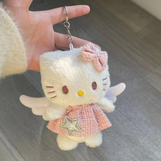 Hello Kitty Plush Keychain with Angel Wings & Pink Star Dress - Soft Fabric Cute Kawaii Keyring for Backpack Purse Gift for Girlfriend Women Cat Lovers, Hello Kitty Accessories