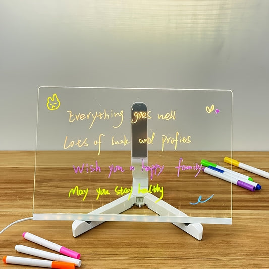 [1pc Luminous LED Drawing Board] 1pc Luminous Drawing Board, Creative Design Transparent Acrylic LED Light Panel, USB Powered Erasable Graffiti Board with 7 Color Markers, Desktop Memo Pad with Stand, Ideal for Home, Office D