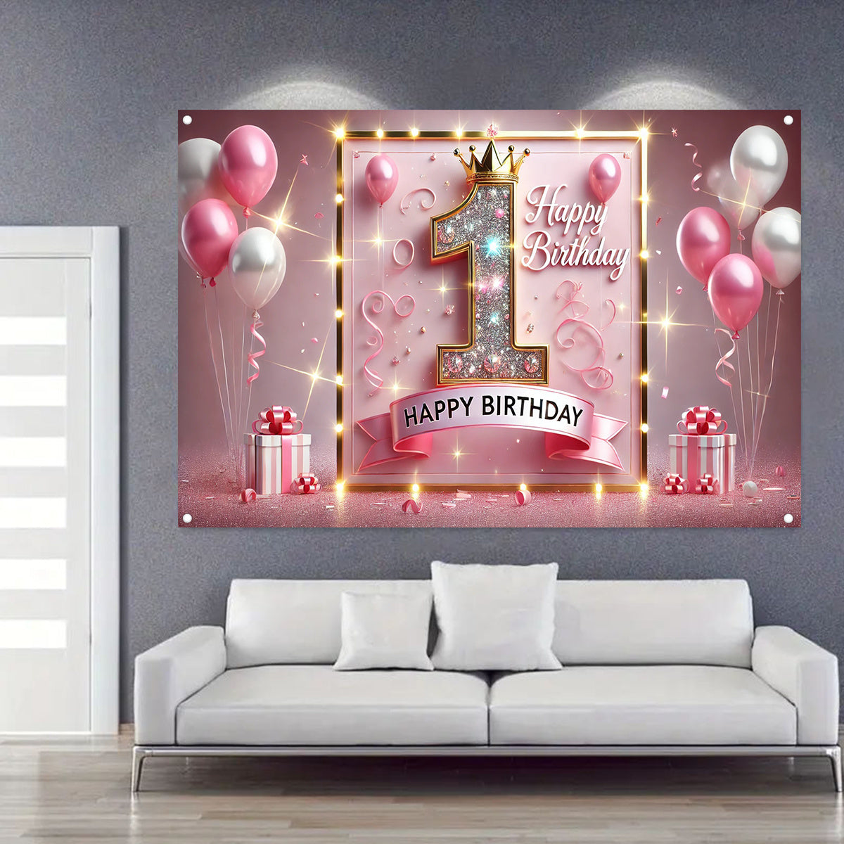 1pc Sparkling Pink Golden First Birthday Banner - Durable Polyester Happy Birthday Party Decor with Glittering Number 1, Crown & Balloons for Indoor/Outdoor Celebrations, Baptism, Cake Table, Holiday Decorations, Birthday Par