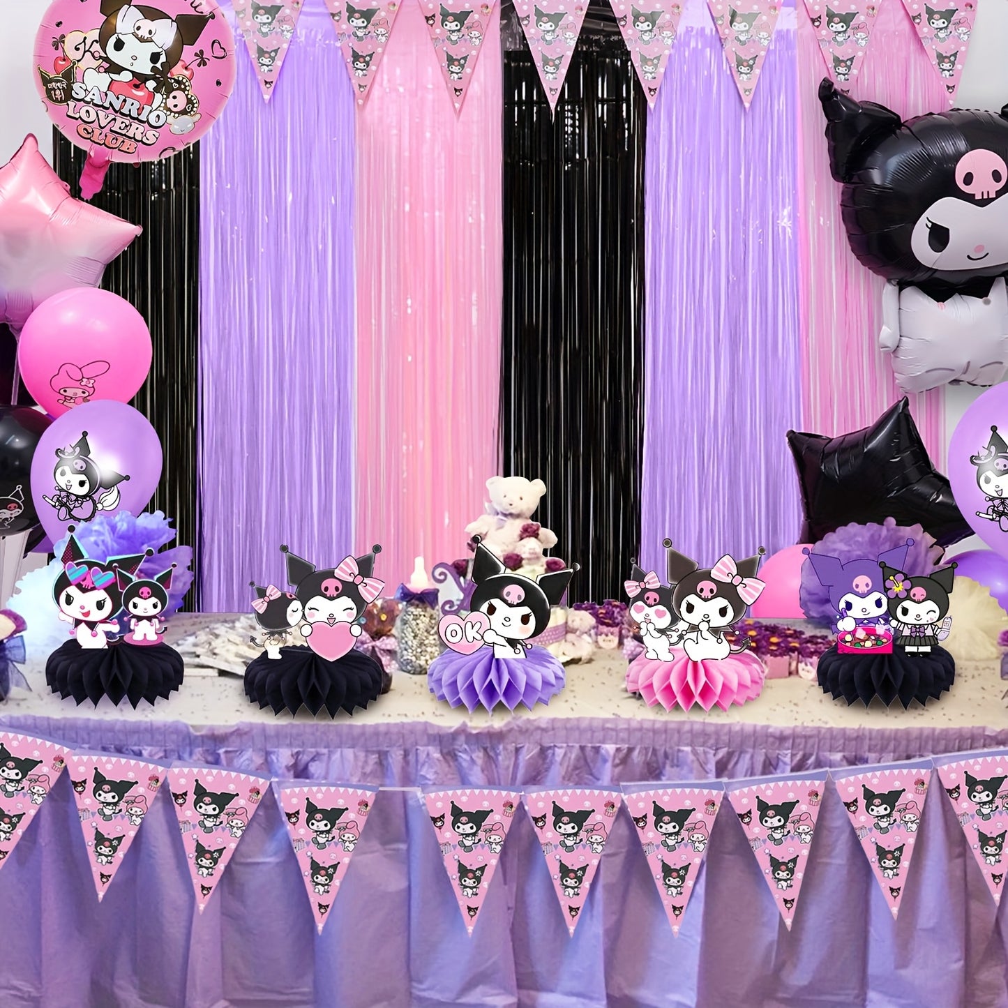 Kuromi Birthday Party Decorations, 1/2/4pcs Kuromi Party Photo Booth Props, Hot Pink Teal Pink Fringed Background with Tinsel Photo Streamers for Kuromi Birthday Party Supplies